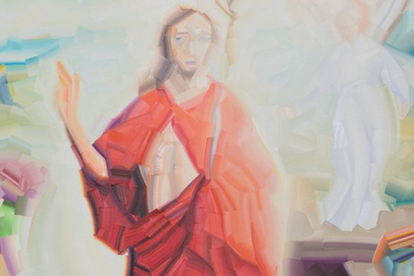 Der Nürnberger Maler Gerhard Mayer schuf 2018 ein neues Altarbild für die evangelische Kirche in Unternzenn mit der Auferstehung Christi.